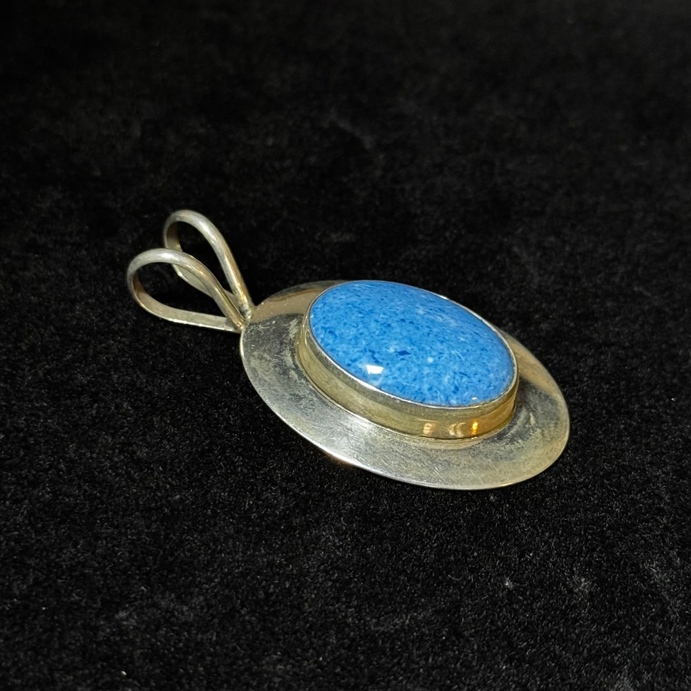 VHC Sterling Silver Blue Stone Oval Pendant Vintage Artisan Southwestern 11.56g - Picture 5 of 6
